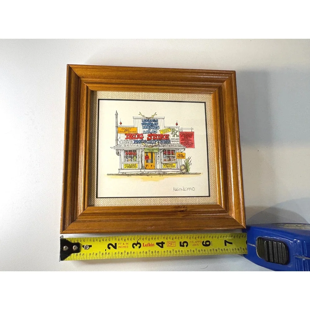 Roger Mason Signed Hand Watercolored Print Drug Store 1990 Framed Art 7x7 - Picture 6 of 6